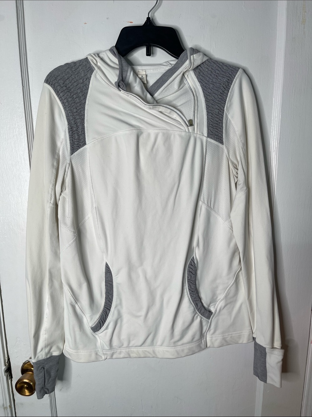 Lululemon 10 Top Long Sleeves Hoodie Pockets White Gray Stretch Running Yoga